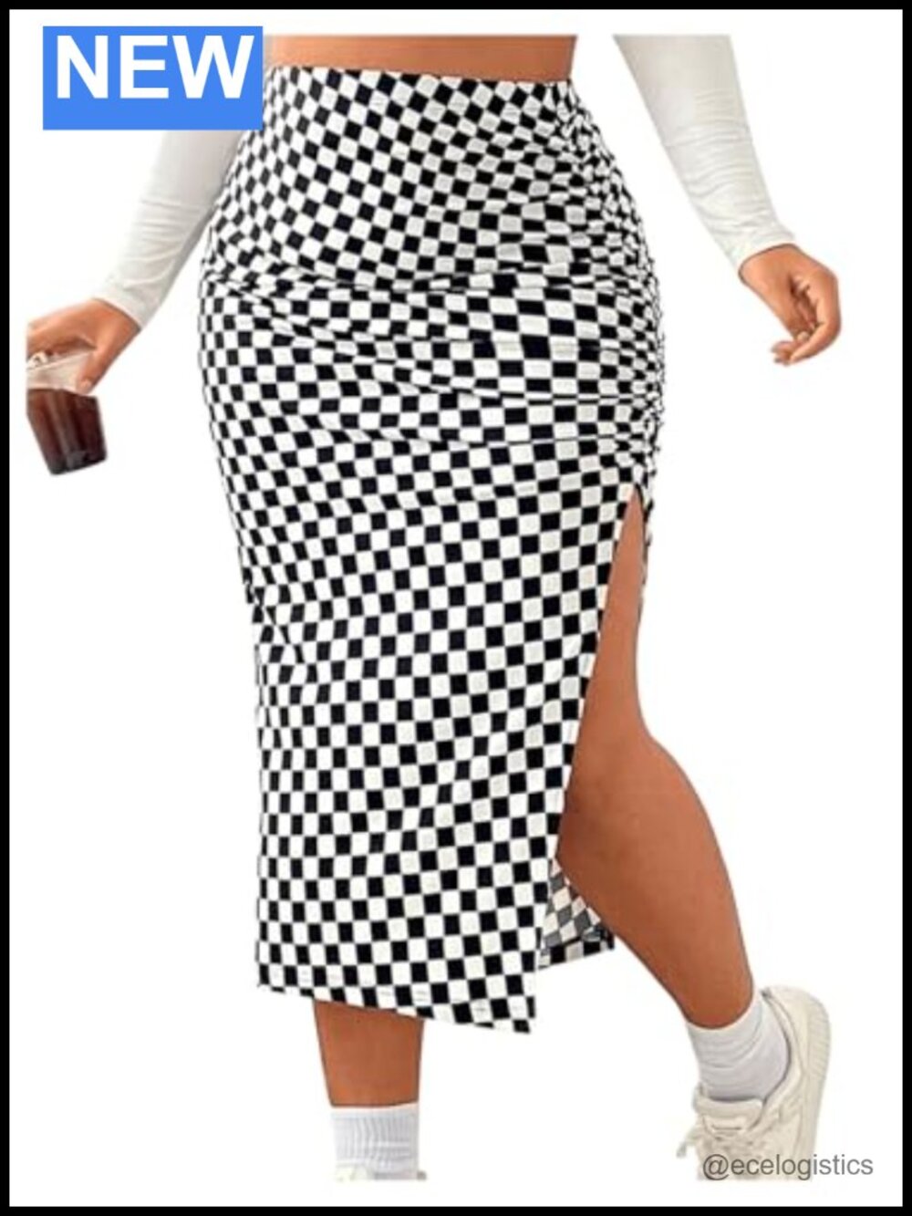 Plus Size High Rise Checkered Pencil Skirt Midi Ruched Split Side Bodycon